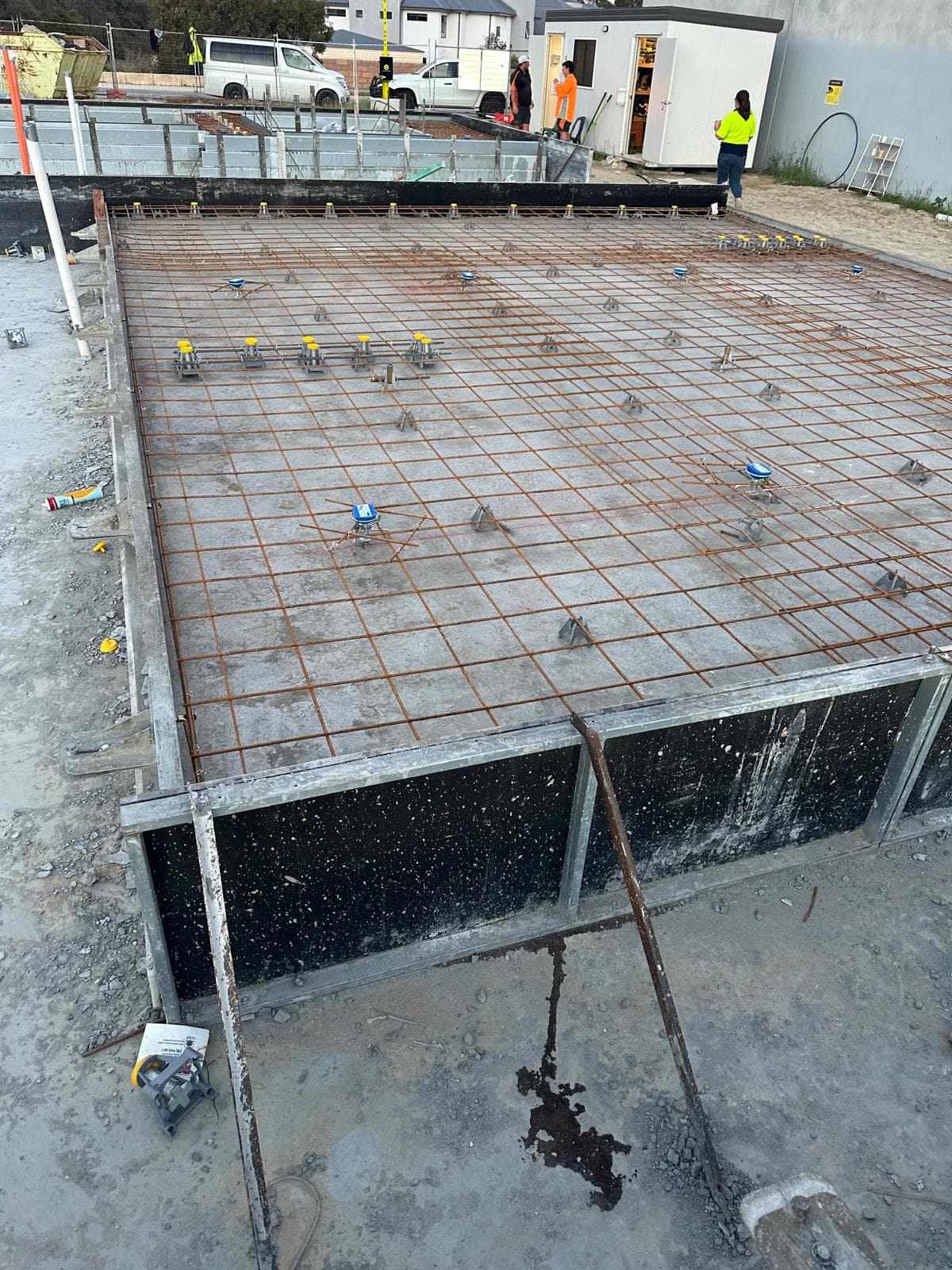 Top-down view of rebar grid in slab form