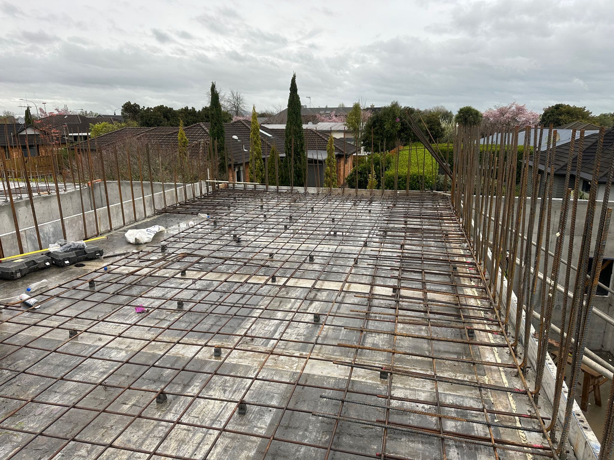 Reinforcing steel grid ready for concrete pour
